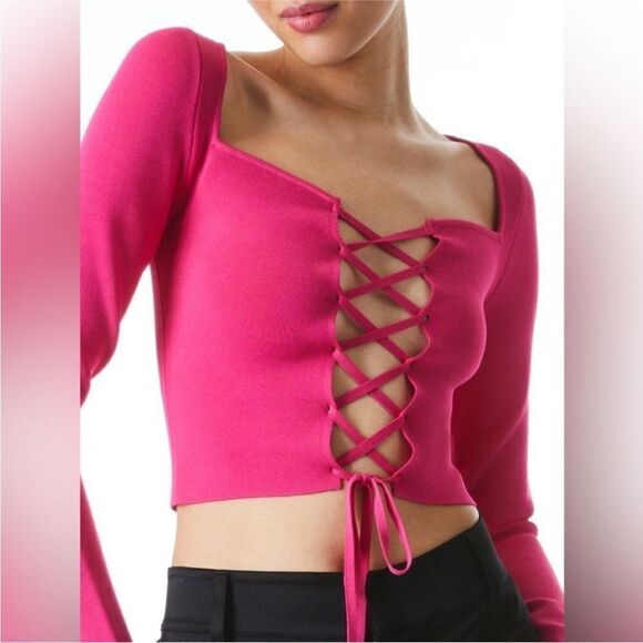 Alice + Olivia NWT Hilaria Lace Front Top in Wild Pink Size Large MSRP $395 - Picture 1 of 6